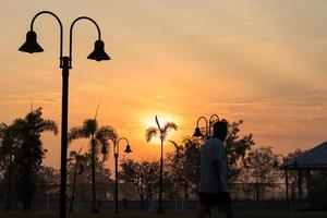 lâmpada de jardim de palmeiras silhueta com caminhada. foto