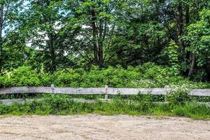 bela cerca de cavalo de madeira em um campo agrícola foto