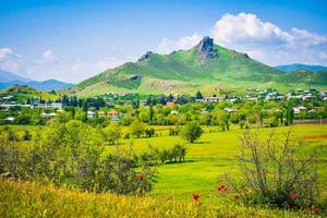 vila de marneuli na geórgia na primavera. tranquila paisagem de primavera vibrante cênica em dia ensolarado. fundo de natureza intocada de primavera foto