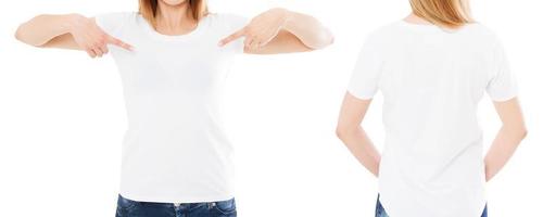 camiseta de duas mulheres iaolada, garota apontada para camiseta em branco, copie o espaço, mock up foto