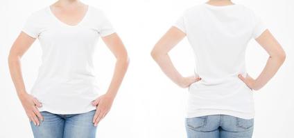 retrato recortado conjunto mulher de camiseta em fundo branco. mock up para design. copie o espaço. modelo. em branco foto