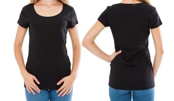 design de camiseta e conceito de pessoas - close-up de jovem em camiseta preta em branco, frente de camisa e traseira isolada foto