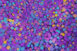 confetes roxos, violetas e amarelos redondos formas geométricas movendo-se para baixo aleatoriamente. renderização de ilustração 3d de mosaico geométrico de vista superior de círculo abstrato