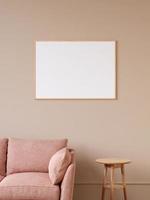 cartaz de madeira horizontal moderno e minimalista ou maquete de moldura na parede da sala de estar. renderização 3D. foto