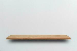 prateleira de madeira vazia de vista frontal e parede cinza. conceito de design foto