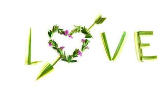 coração da palavra amor com flecha feita de flores e folhas. conceito de amor. foto