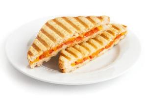 clássico tomate e queijo torrado sanduíche no prato branco. foto