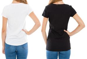 imagem recortada vista traseira mulher de camiseta branca e preta isolada, camiseta definida foto