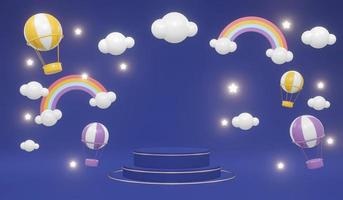 Exibição de pódio de suporte de produto de renderização 3d com balões de ar quente de nuvens de arco-íris e estrelas no fundo para o conceito de design comercial de pódio de arco-íris. foto