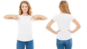 conjunto de camiseta de verão isolado no branco, mulher apontada na camiseta, garota aponta na camiseta foto
