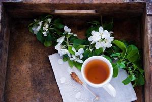 xícara de chá verde e flor