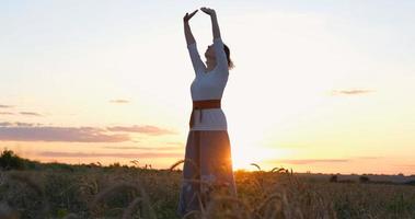 mulher praticando qigong em campos de verão com belo pôr do sol no fundo foto