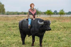 jovem mulher vestida com um passeio de poncho em grande búfalo foto