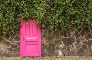 porta rosa de madeira vintage com móveis de metal foto