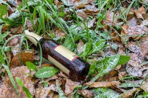 garrafa de álcool jogada na grama coberta de neve molhada foto