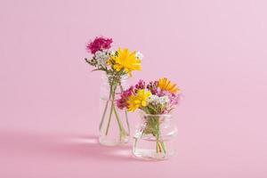 garrafas de vidro em miniatura com flores silvestres em um fundo rosa foto