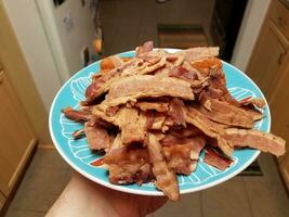 mão segurando a pilha de carne de bacon e rolo de frango na placa azul foto