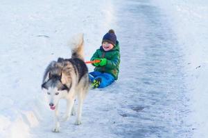 menino feliz brincar com cachorro husky em winter park cheio de neve foto