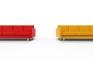 sofá vermelho e amarelo extremamente longo isolado no fundo branco. renderização em 3D foto
