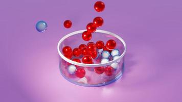 caindo bolas tridimensionais coloridas em um fundo rosa. imagem abstrata de bolas vermelhas e esferas caindo e voando sobre fundo rosa. ilustração 3D foto