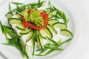 salada de legumes com pepino, alface, tomate e queijo