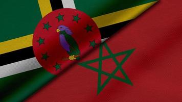 renderização 3D de duas bandeiras da comunidade da dominica e do reino de marrocos juntamente com textura de tecido, relações bilaterais, paz e conflito entre países, ótimo para plano de fundo foto