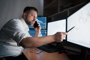 recebendo novas informações. homem barbudo de camisa branca trabalha no escritório com várias telas de computador em gráficos de índice foto