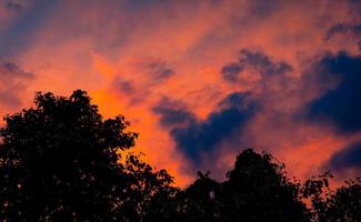 dramático céu vermelho e laranja e nuvens abstraem o fundo. nuvens vermelho-alaranjadas no céu pôr do sol sobre a árvore. imagens de arte do céu ao entardecer. abstrato por do sol. nuvem em forma de coração negro no céu escuro. foto