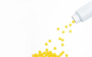 pílulas de comprimidos revestidos de filme amarelo derramando do frasco de comprimidos em fundo branco, com espaço de cópia. comprimidos de comprimidos analgésicos. nsaids pílulas para dores musculares. foto
