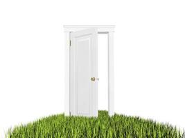 porta aberta para o novo mundo, tapete de grama. em fundo branco. foto