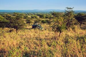 jipe com turistas no safari em serengeti, tanzânia, áfrica. foto