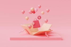 3d renderização de caixas de presente rosa abertas com sacola de compras em fundo pastel, conceito de venda de dia dos namorados, estilo mínimo. foto