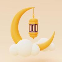 3D saudações do ramadã com lanterna e lua crescente, feriado islâmico, raya hari, eid al adha, renderização em 3d. foto