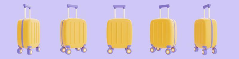 conjunto de mala amarela isolada em fundo roxo, turismo e viagens, renderização em 3d foto