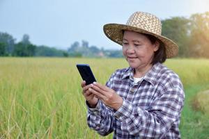 retrato do agricultor idoso asiático que está segurando o telefone inteligente e usando-o para se conectar a outras pessoas no meio do campo de arroz, dispositivos inteligentes na vida diária de todo o conceito de pessoas em geral. foto