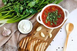 borsch russo. sopa de beterraba com creme de leite e alho. fotografia de comida para menu, catálogo, livreto, publicidade foto