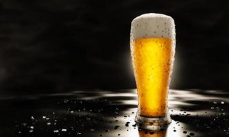 chope ou cerveja artesanal em um copo alto e transparente. com vapor frio, espuma de cerveja branca foi colocada no piso refletivo. havia gotas de água no chão. bebidas alcoólicas mais populares. renderização em 3D foto