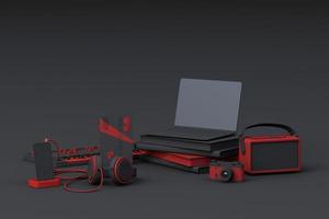 laptop cercado por gadgets coloridos em fundo branco. renderização em 3D foto