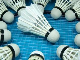 petecas em uma raquete de badminton foto