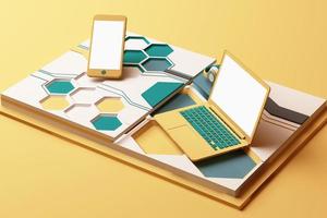 laptop, smartphone e fone de ouvido com composição abstrata de conceito de tecnologia de plataformas de formas geométricas em cor pastel. renderização em 3D foto