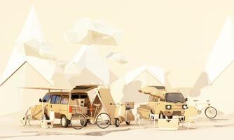 low poly cartoon part mobile homes e tendas no parque nacional, há bicicletas, baldes de gelo, guitarras e cadeiras, e árvores com nuvens e montanhas ao fundo. renderização 3d de tom verde foto