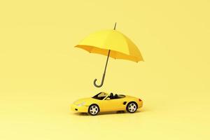 seguro automóvel de carro e conceito de isenção de danos de colisão em torno do modelo de carro esporte amarelo e guarda-chuva isolado em fundo amarelo pastel. renderização 3d realista foto