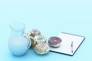 rosquinha colorida e copo de leite com fundo pastel. renderização em 3D foto