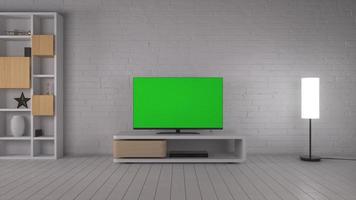 tv com tela verde em branco no interior da casa moderna na sala de estar. moderna sala de estar com televisão. renderização em 3D foto