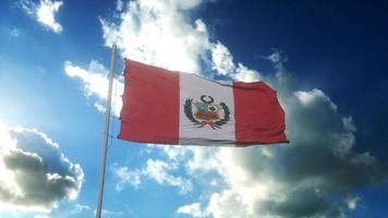 bandeira peruana em um mastro acenando no céu azul nublado. conceito de peru. ilustração 3D foto