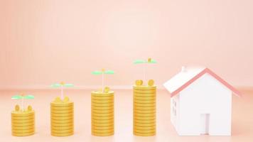 Conceito de renderização 3D de investir dinheiro de poupança comprando uma casa em uma árvore com moedas crescendo de pequeno a grande no fundo. renderização 3D. foto