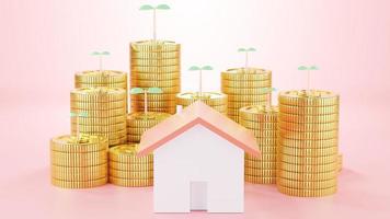 Conceito de renderização 3D de investir dinheiro de poupança comprando uma casa em uma árvore com moedas crescendo de pequeno a grande no fundo. renderização 3D. foto