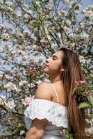 jovem mulher caucasiana, apreciando a floração de uma macieira foto