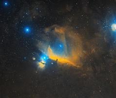 ambiente de nebulosa de cabeça de cavalo fotografado através de telescópios robóticos remotos do telescópio live em filtros de banda estreita sho, nebulosidade azul e amarela na paleta hubble de um grande objeto espacial foto