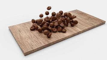 gotas de chocolate caindo na ilustração 3d da placa de bandeja de madeira foto